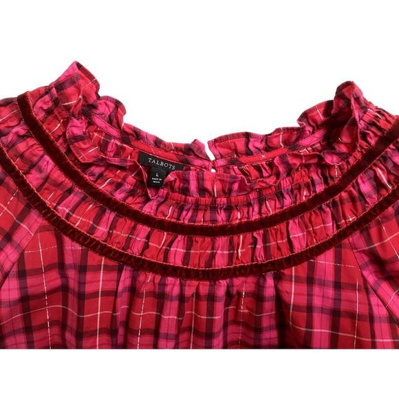 TALBOTS  velvet trim ruffled popover-moonlight plaid L - Picture 3 of 3
